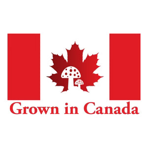 Logo with red maple leaf and mushroom, and 'Grown in Canada' text on a white background